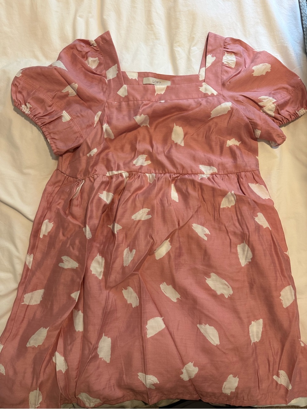 LOFT Pink Puff-Sleeve Dress with White Brushstroke Print